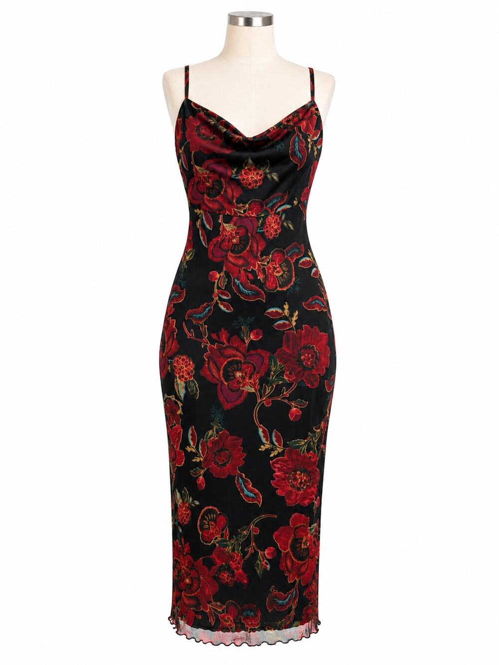 CIDER Illusion Floral Ruched Cowl Neck Midi Dress - Black/Red - Size M